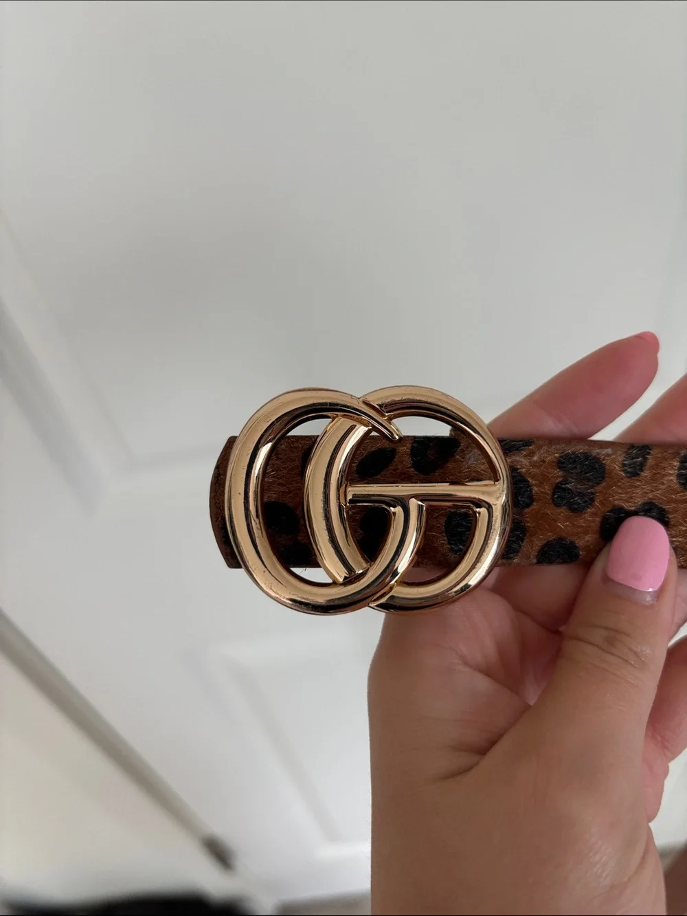 Leopard Print Slim Brown Women's Belt with Gold Buckle